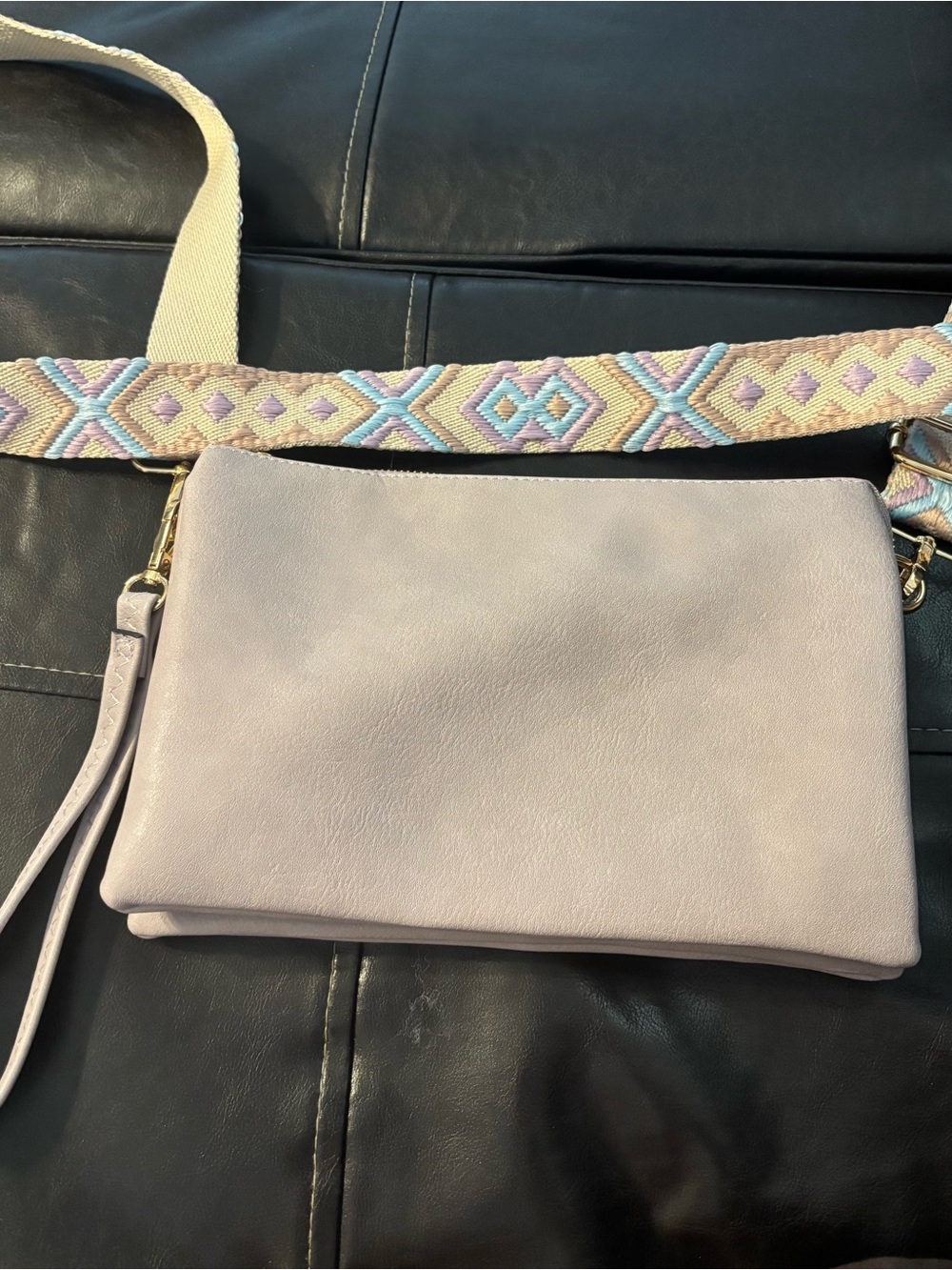 Pastel Lilac Crossbody Bag with Embroidered Strap